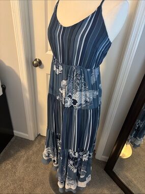 Navy Blue Floral Stripe Maxi Dress with Spaghetti Straps